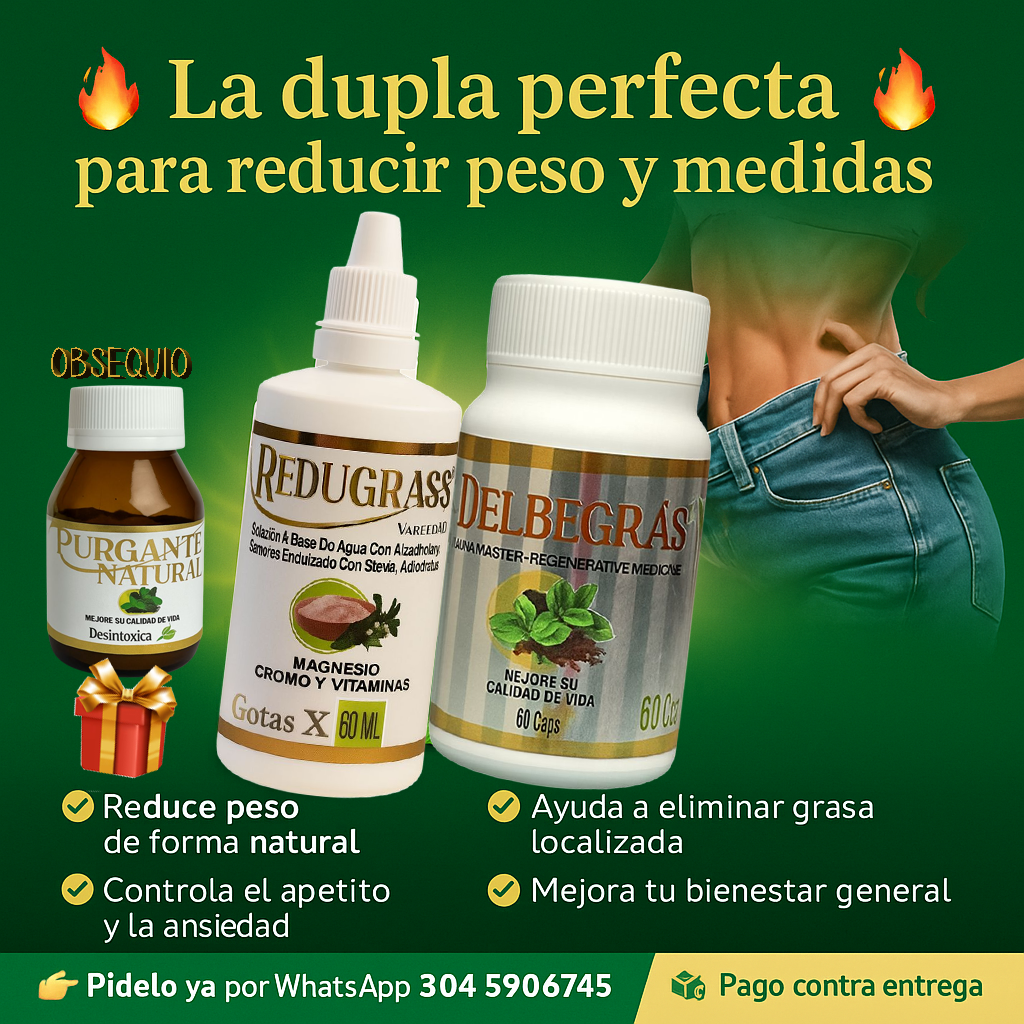 Kit Reductor Natural JADZ: Gotas Redugrass, Cápsulas Delbegras y Purgante Natural de regalo